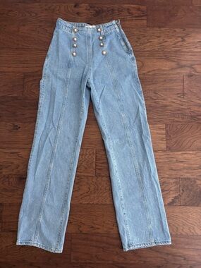Zara Light Blue Straight-Leg High-Rise Jeans with Sailor Buttons